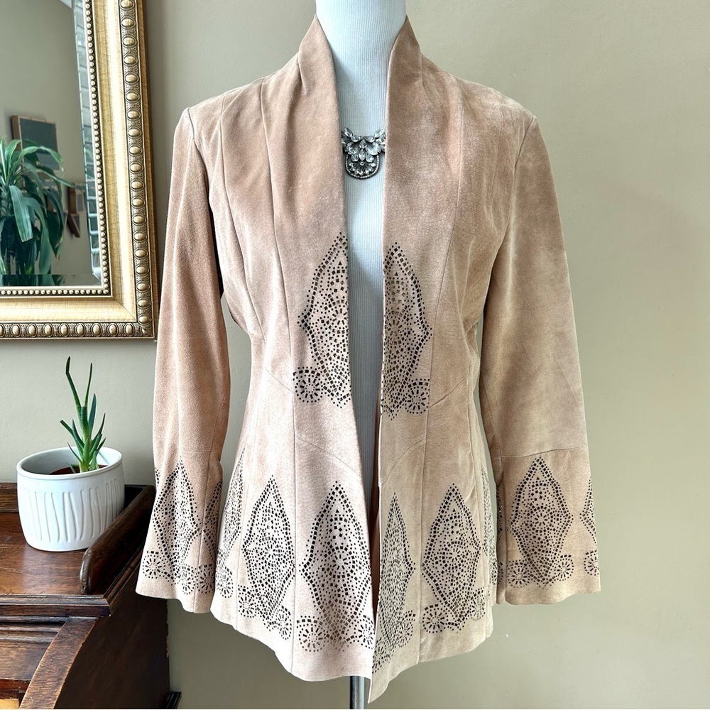 Margaret Godfrey Western Suede Leather Jacket Size 2 Tan Buckskin Laser Cut